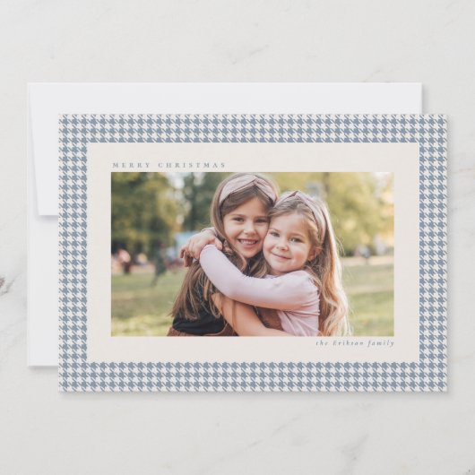 Houndstooth frame light blue three photo Christmas Feestdagenkaart (Voorkant)