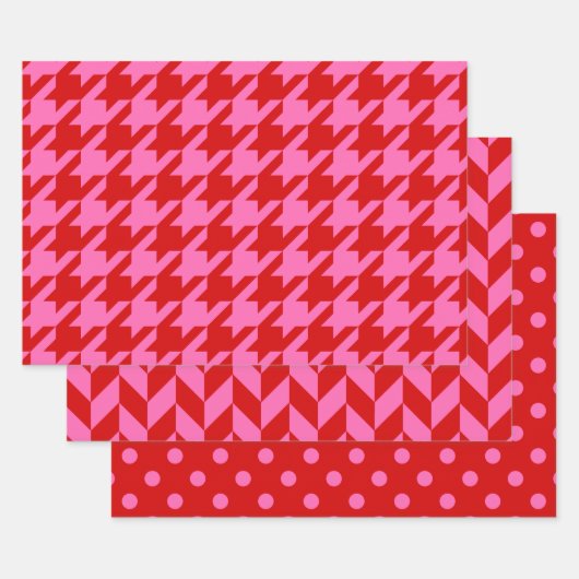 Houndstooth, Herringbone, Stippen DIY Kleuren Rood Inpakpapier Vel (Set)