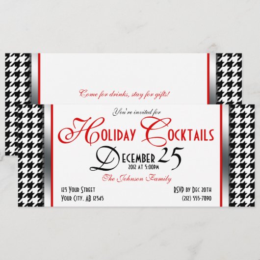 Houndstooth Holiday Cocktail Invitaties Kaart (Voorkant / Achterkant)