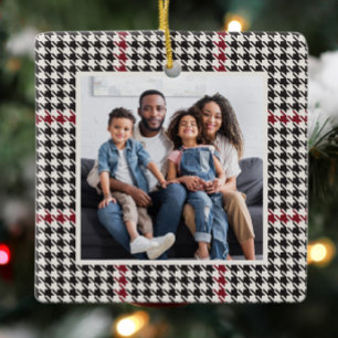 Houndstooth klassiek rood zwart één foto Kerstmis Keramisch Ornament
