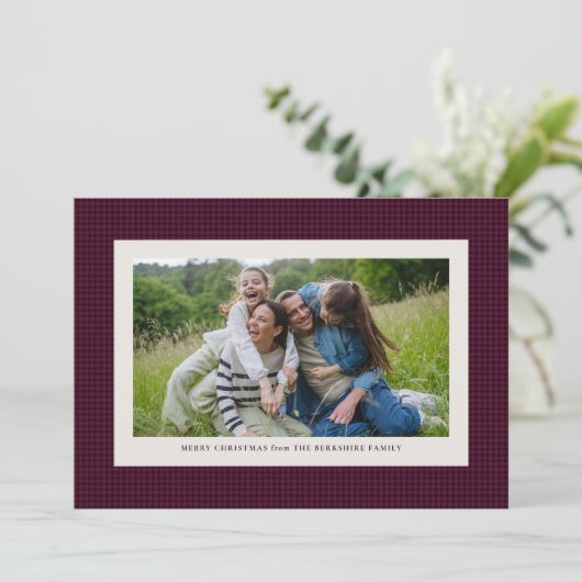 Houndstooth lijst plum-fotokaart feestdagenkaart (Staand voorkant)