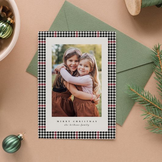 Houndstooth lijst rood zwart één foto klassiek feestdagenkaart