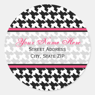 Houndstooth met roze Adresetiketten Ronde Sticker