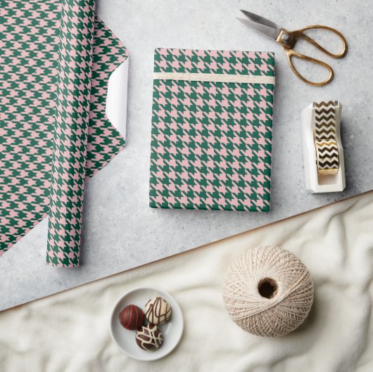 Houndstooth Moderne Kerstfeestdag - Groene roze ro Cadeaupapier (Crafts)