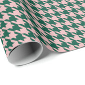 Houndstooth Moderne Kerstfeestdag - Groene roze ro Cadeaupapier (Rol Hoek)