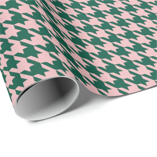 Houndstooth Moderne Kerstfeestdag - Groene roze ro Cadeaupapier (Rol Hoek)