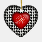 Houndstooth-monogram hart | Zwart Wit Rood Keramisch Ornament (Voorkant)