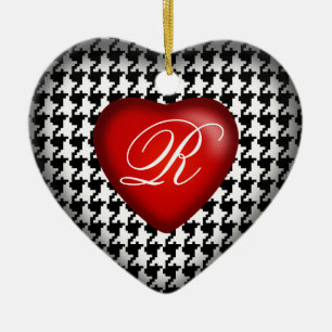 Houndstooth-monogram hart Zwart Wit Rood Keramisch Ornament