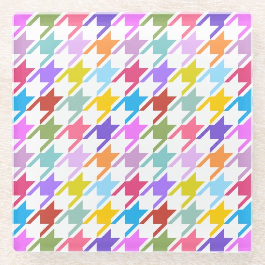 Houndstooth Multicolor + White Big Pattern Glazen Onderzetter (Voorkant)