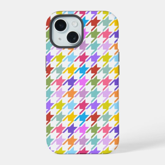 Houndstooth multicolor+wit patroon iPhone 15 case (Achterkant)