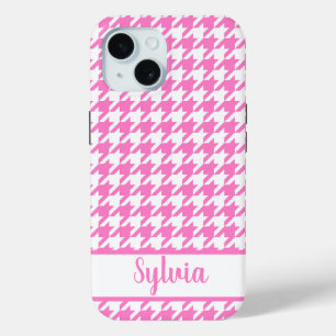 Houndstooth patroon roze wit gepersonaliseerd iPhone 15 case