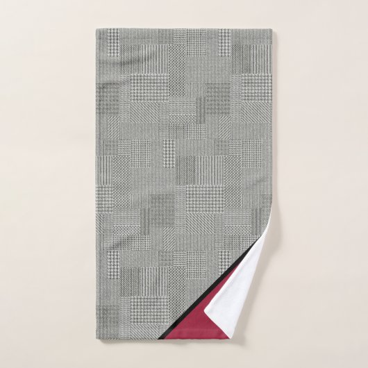 Houndstooth patroon, zwarte strepen, bordeauxrood bad handdoek (Handdoek)