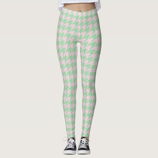 Houndstooth Pied de Poule Pattern Pink Green Leggings (Voorkant)
