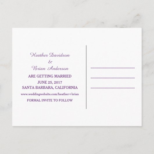 Houndstooth Save the Date Briefkaart, Paars Aankondigingskaart (Achterkant)