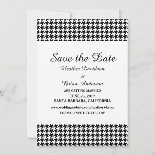 Houndstooth Save the Date Invite, Black Kaart (Voorkant)