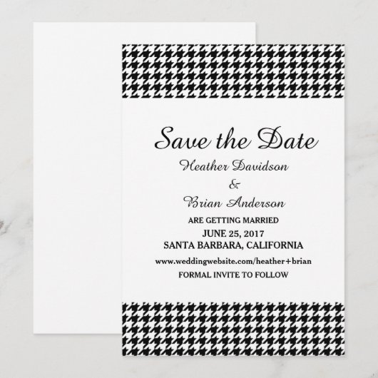 Houndstooth Save the Date Invite, Black Kaart (Voorkant / Achterkant)