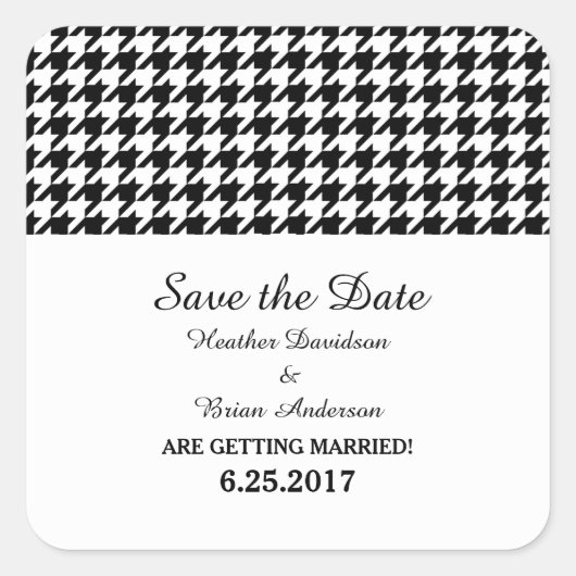 Houndstooth Save the Date Stickers, Black Vierkante Sticker (Voorkant)