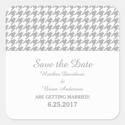 Houndstooth Save the Date Stickers, Grey Vierkante Sticker (Voorkant)