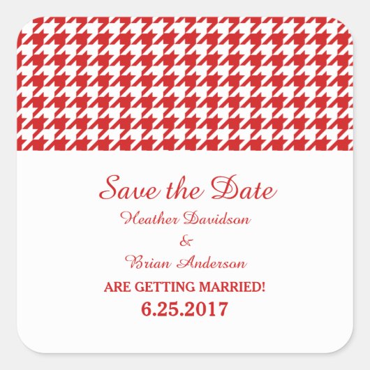 Houndstooth Save the Date Stickers, Red Vierkante Sticker (Voorkant)