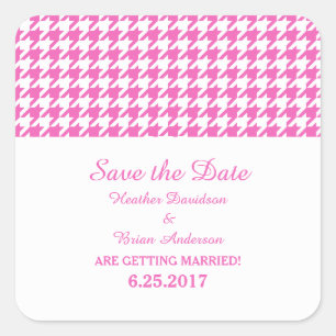 Houndstooth Save the Date Stickers, Roze Vierkante Sticker