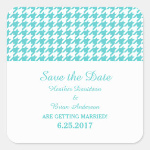 Houndstooth Save the Date Stickers, Turquoise Vierkante Sticker