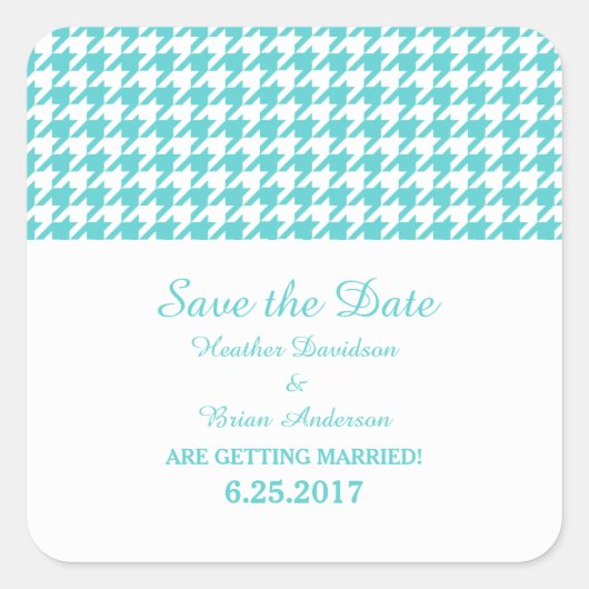 Houndstooth Save the Date Stickers, Turquoise Vierkante Sticker (Voorkant)