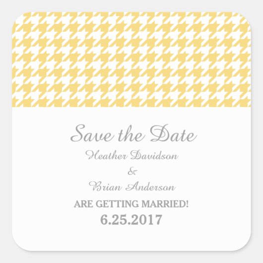 Houndstooth Save the Date Stickers, Yellow Vierkante Sticker (Voorkant)