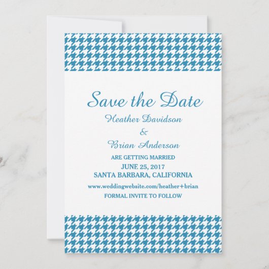 Houndstooth Save the Date-uitnodiging, Blauw Kaart (Voorkant)