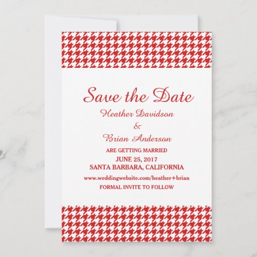 Houndstooth Save the Date-uitnodiging, Rood Kaart (Voorkant)