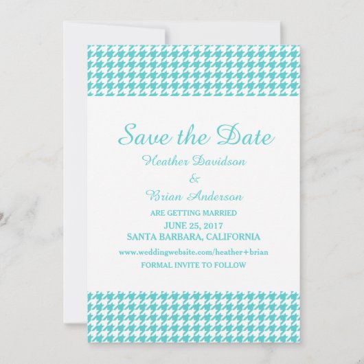 Houndstooth Save the Date-uitnodiging, Turquoise Kaart (Voorkant)