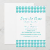 Houndstooth Save the Date-uitnodiging, Turquoise Kaart (Voorkant / Achterkant)