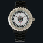 Houndstooth Uil Watch Horloge<br><div class="desc">Een horloge met een afbeelding van een uil met een ronde buik over een bijpassende achtergrond. Personaliseer met jouw naam.</div>