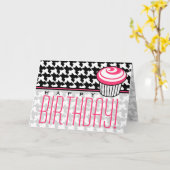 Houndstooth Verjaardag Kaart met Roze Cupcake (Gele Bloem)