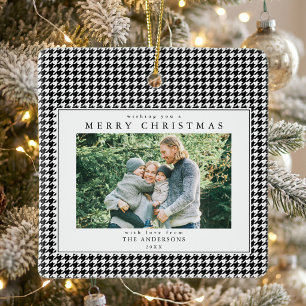 Houndstooth Zwart en Wit Kerst Foto Keramisch Ornament