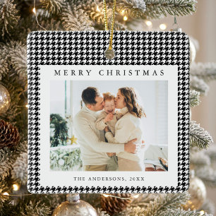 Houndstooth Zwart en Wit Kerst Foto Keramisch Ornament