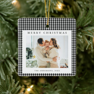 Houndstooth Zwart en Wit Kerst Foto Keramisch Ornament