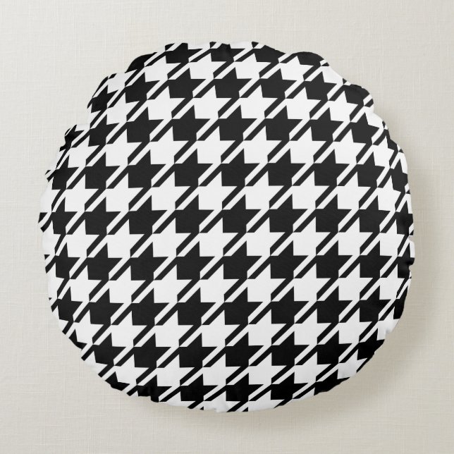 Houndstooth Zwart+Wit Groot Patroon Rond Kussen (Voorkant)