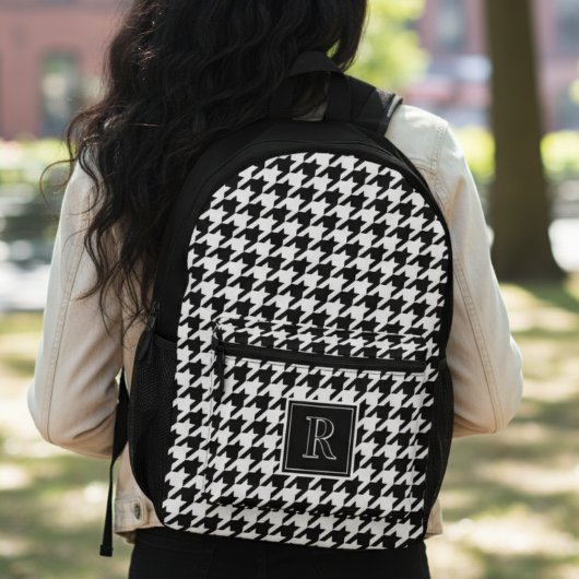 Houndstooth zwart-wit monogram bedrukte rugzak