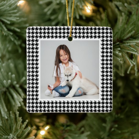 Houndstooth zwarte & witte feestfoto Kerstmis Keramisch Ornament (Boom)