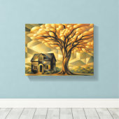 House and Tree in Art Deco Canvas Afdruk (Insitu (Houten vloer))