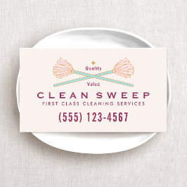 House Cleaner Services Crossed Pink Mops Visitekaartje