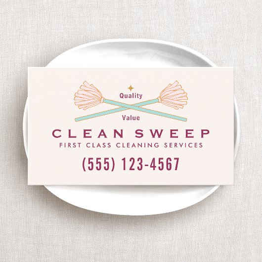 House Cleaner Services Crossed Pink Mops Visitekaartje