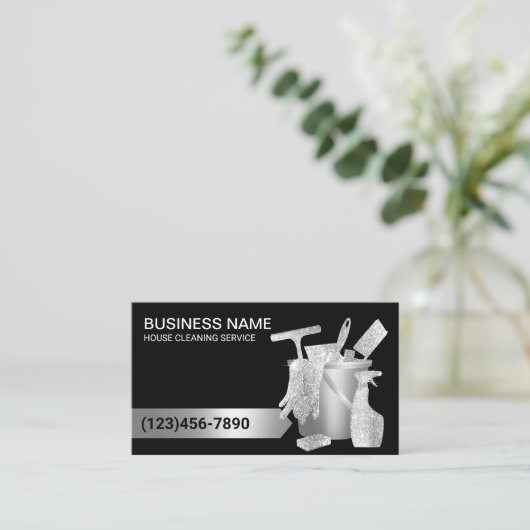House Cleaning Housekeeping Modern Black & Silver Visitekaartje (Staand voorkant)