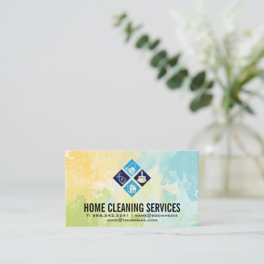 House Cleaning Icons | Achtergrond Waterverf Visitekaartje (Staand voorkant)