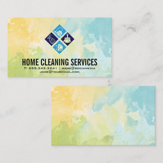 House Cleaning Icons | Achtergrond Waterverf Visitekaartje (Voorkant / Achterkant)