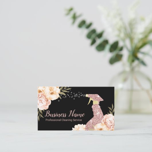 House Cleaning Maid Service Modern Floral Black Visitekaartje (Staand voorkant)