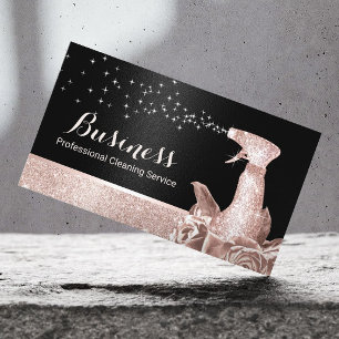 House Cleaning Modern Roos Gold Floral Spray Black Visitekaartje