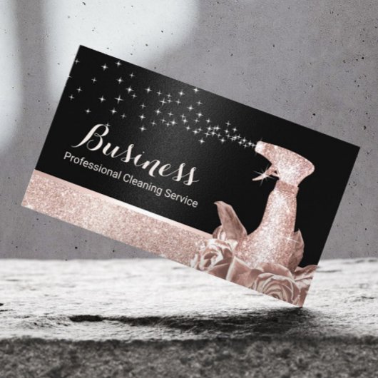 House Cleaning Modern Roos Gold Floral Spray Black Visitekaartje