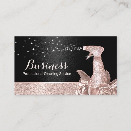 House Cleaning Modern Roos Gold Floral Spray Black Visitekaartje (Voorkant)