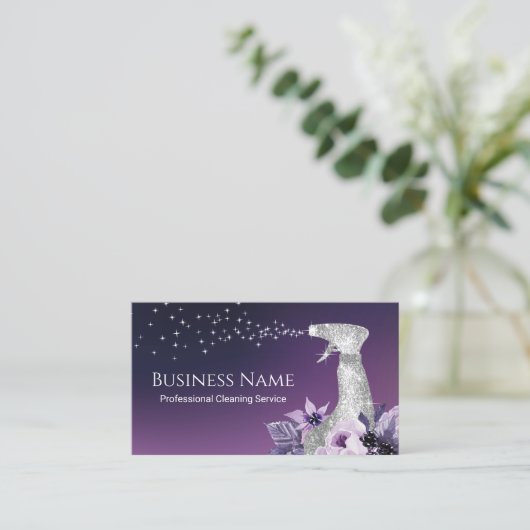 House Cleaning Modern Silver Spray Paarse Floral Visitekaartje (Staand voorkant)